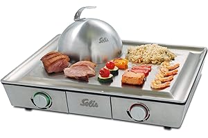 ‎SOLIS Solis Teppanyaki@Home 795 Tischgrill - Elektrogrill - Plancha Grillplatte - Teppanyaki Grill mit Glocke - Zwei Heizzonen - Grillen und Dünsten - 8 Personen