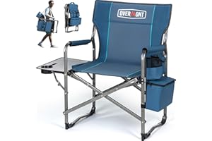 OVERMONT Silla de Camping Plegable - Silla de Director Plegable - Soporta hasta 180 kg - Silla Plegable con Mesa Lateral y Bolsa Isotérmica para Camping Pesca Festival Azul Grisáceo