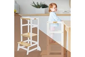 Joyz Tour d'apprentissage pour Enfants, Chaise d'Observation Montessori à partir de 1 an, Bois Blanc-Naturel, Barre de Protection, Hauteur Réglable, Anti-basculement, Tabouret 2 Marches, Aide Cuisine