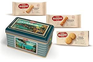 Forno Bonomi, biscotti assortiti in una scatola regalo di latta dedicata alla Costiera Amalfitana. La migliore selezione della nostra pasticceria in una confezione rettangolare da 420 grammi.