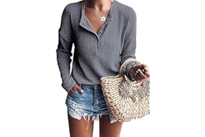 WNEEDU Damen Waffelstrick Pullover Langarm Henley Shirt Lässig T-Shirt V-Ausschnitt mit Knöpfe