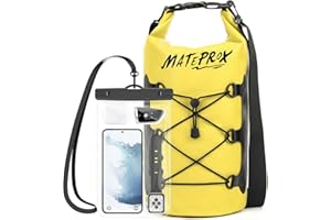 MATEPROX Wodoodporna torba 5 l/10 l/20 l sucha torba pływająca z regulowanym paskiem wodoodporna torba na kajaking piesze wycieczki Rafting i kemping z wodoodporną kieszenią na telefon, Żółty, 10L,