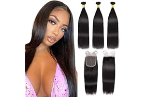 LOVFIR Tissage Bresilien avec Closure Cheveux Humains Raides 16 18 20+14 Pouce Straight Human Hair Bundles 100% Tissage Naturel Cheveux Humain Tissage Bresilienne Raides Tissage Cheveux Naturels