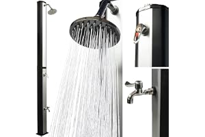 VIESTA® Soldusch 35 Liter med Fotdusch – Vridbart Regnduschhuvud – Sol Trädgårds-/Utomhus-/Pooldusch utan Elanslutning – Trädgårdsslang Anslutning, upp till 60°C – Svart