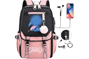 Suffolly Anime School Bags,Large Capacity Cartoon Backpack With 2 Usb School Backpack Lunch Travel Rucksack18.8 * 11.8inch for Primary Secondary,High School for Girls Boys