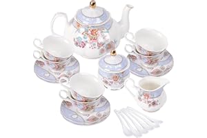 fanquare Juego de Té de Porcelana con Flores Moradas, Juego de Taza y Plato de Té, Juego de Té para 6 Personas, Tetera de Boda Azucarera Jarra de Crema, Juego de Café de China
