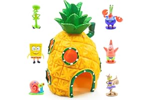 AUTOAU Aquarium Deko 7pcs Spongebob Aquarium Dekoration Ananas-Form Fisch Tank Ornament Unterwasser Dekoration Kunststoff Aquarium Zubehoer Ideal für Kleine Garnele Fisch