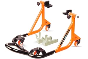GRAND PITSTOP Motorcycle Paddock Stand Universal Adjustable 360° Dismantable Rear Wheel Lift with Fork & Swingarm Spool, Motorbike Weight Up to 240 Kg for Yamaha Honda Kawasaki Suzuki Black Orange