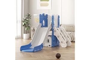 VUECER Tobogán para Niños Pequeños con Escalera: Zona de Juegos Interior y Exterior con Caja de Almacenamiento Túnel Escalera Aro de Baloncesto y Zona de Paso Tobogán de Jardín (Tower-I-Blue)