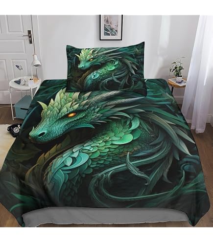 Drachen Bettbezug Set – Baumwolle, Reißverschluss, Mit Kopfkissenbezug, Single 135x200 Cm