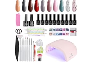 Kastiny Gel Nail Polish Set with UV Lamp, 72 W LED Nail Lamp, Gel Nails Set Complete with Top & Base Coat, 10 Colours Gel Polish Starter Set, Grey Pink Brown Red Glitter for Nail Studio Nail Design