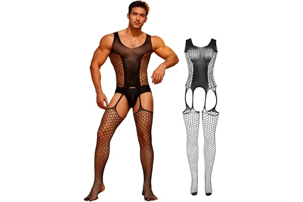 comeondear Mesh Bodystocking Män Sexig Öppen Bodystocking Hot Underkläder Fishnet Strumpor Ärmlös Bodysuit med Strumpeband Sissy Hard Underkläder