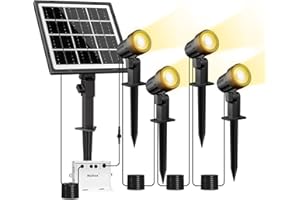 ‎MEIHUA MEIHUA Solar Strahler 4 Stück Solar Gartenleuchte, 6V/4W 2700K Warmweiß IP66 Wasserdichte 5000mAh Solarlampen für außen, 3 Helligkeit 3 Modi14M Kabel für Gärten Sträucher Bäume Terrasse