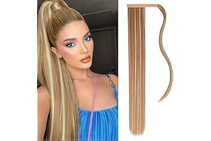 JJstar Postiche Queue de Cheval Extnsion Cheveux 70cm Longue Raides Wrap Around Extension Fausse Queue de Cheval a Clip pour Femmes Fille Rajout Cheveux(Blond foncé/Blond de plage)