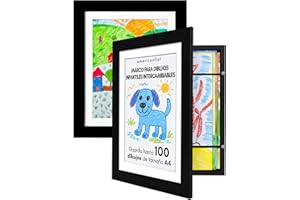 Americanflat Negro Marco Dibujos Infantiles A4 - Cuadro de Almacenamiento para Niños para 100 Unidades, Proyectos de Arte, Puzzles y Fotos - Madera Compuesta con Vidrio Resistente - 2 Unidades