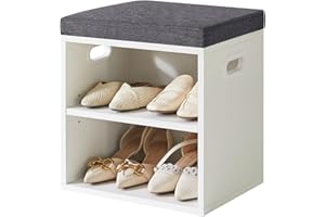 ‎YMYNY YMYNY Schuh Aufbewahrungsbank mit Sitzkissen, 2-Tier Schuh Rack mit gepolstertem Sitz, justierbarer Schuh Organizer Schrank für Eingang, Wohnzimmer, Flur, Schrank, 42H*39L*28Wcm, Weiß, HBD028W