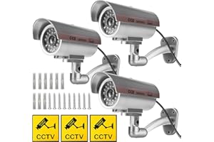 Sporgo - 3 piezas de cámara falsa de vigilancia: cámara falsa de vigilancia exterior con luz LED roja intermitente, cámara falsa de vigilancia falsa para interior y exterior (plata)