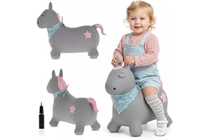 Sun Baby Animale gonfiabile che salta, giocattolo di 1 anno, saltarello per bambini, design ergonomico, cavallo giocattolo, pompa manuale inclusa (Pony marrone)