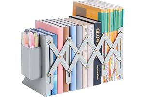 TIWIHON Book Ends - Adjustable Metal Book Ends for Shelves, Heavy Duty Expandable Bookends, Desk Bookshelf Book Storage Stand Book Stopper Book Organizer Rack with Pen Holder for Kids Home Office School(Grey)