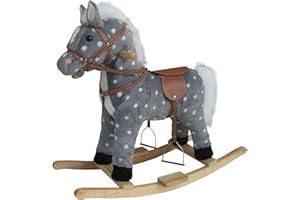 THE ROCKING HORSE CO NEW Plush Rocking Horse - Grey/White Deluxe with Mane Saddle Bridle Stirrups Wooden Rockers 12m+ - Includes Sound Effects