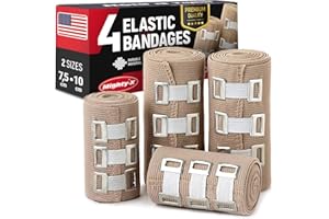 MIGHTY-X Premium Compression Bandage - 4pk (2x7.5 cm, 2x10 cm) with 12 Extra Clips - Durable Elastic Bandage Wrap - Stretches up to 4.6m - Reusable Elasticated Wrap for Legs, Wrists, Ankles, Knees and Feet