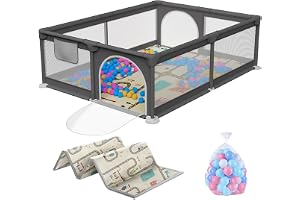 Lekhage för baby med matta, lekhage för baby med ventilerande nät och dragkedja för lägenheter, småbarn lekhage med 4 sugkoppar, inomhus och utomhus (150 x 180 cm)