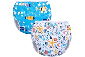 Luxja Swimming Nappy Reusable (Pack of 2), Adjustable Swim Nappies for Baby (0-3 Years), Washable, Shell + Blue Fish