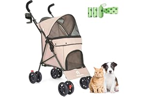 Wedyvko Umbrella Dog Stroller for Small Dogs 10 20 lbs, Foldable Pet Pram Stroller Lightweight 9 lbs, with Double 4-Wheel Shoulder Strap/Storage Basket/Cup Holder, Khaki