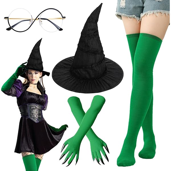 Costume Da Strega Verde Per Ragazze Con Vestito Nero, Cappello, Vernice Viso Verde E Occhiali, Taglia Unica, Per Halloween E Giornata Del Libro - 3