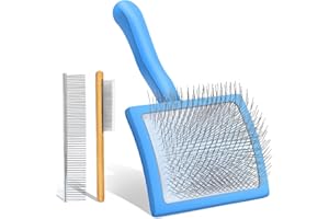COZYGIFT Dog Slicker Brush for Medium or Long Haired Dogs, Long Pin Slicker Brush for Removes Loose Hair, Tangles and Knots, Best Grooming Tools for Small Animals, Large, Free Pet Comb, Blue