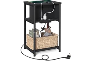 VASAGLE Tavolino con Multipresa, Comodino con 2 Prese AC e 2 Porte USB, 30 x 34 x 58 cm, per Soggiorno, Camera da Letto, Nero LET375B02