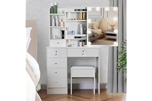 LIANWANG Toaletka z oświetleniem, 3 temperatury barwowe i regulacja jasności, toaletka z lustrem i taboretem dla córki, 4 szuflady, nowoczesna, biała, 131 x 80 x 36 cm