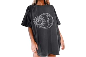 KOMISEUP Oberteile Damen Oversized T-Shirt Sonne Mond Motiv Sportshirt Kurzarm Sport Oberteile Vintage Sweatshirt Rundhals Oberteile Teenager Mädchen Best Friends Lang Top Longshirt