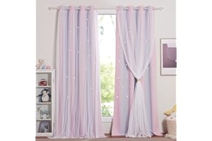 NICETOWN Rideau Chambre Fille - Rideaux Occultant avec Blanc Voilages Décoration pour Chambre Enfant Motif Forme Etoiles à Oeillets, L 132 sur H 240 cm, Rose + Violet, 2 Pièces