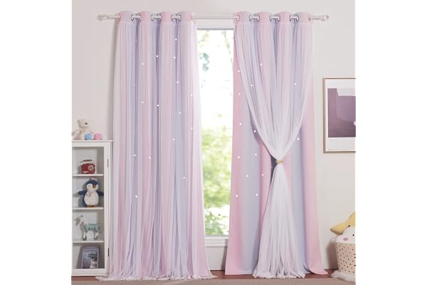NICETOWN Rideau Chambre Fille - Rideaux Occultant avec Blanc Voilages Décoration pour Chambre Enfant Motif Forme Etoiles à Oeillets, L 132 sur H 240 cm, Rose + Violet, 2 Pièces