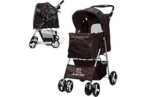 JupiterJX Dog Stroller with Rain Cover, Pet Pram for Small Medium Dogs, Dog Buggy with Storage Basket Cup Holder, Cats Dogs Pushchair, Foldable Pet Pram for Cats Puppies (Brown with Rain Cover)