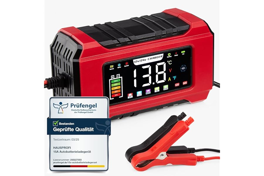 HAUSPROFI Cargador Baterias Coche 12V 15A/24V 8A Inteligente Reparación | Carga Rápida, 9 Protecciones, Gran Pantalla LE