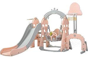 Merax Tobogán infantil 5 en 1 con columpio, canasta de baloncesto, portería de fútbol, torre de escalada, tobogán de jardín para interiores y exteriores, patio trasero, juego de tobogán para bebé,