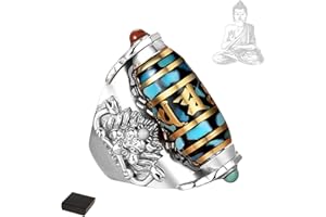 ELDEMA Bague de perles Dzi à neuf yeux turquoise à six caractères mantra, anneau rotatif réglable de perles Dzi tibétaines à neuf yeux, bague bouddhiste Feng Shui, bague d'amulette de méditation