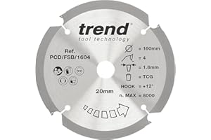 Trend PCD Fibre Cement Circular Saw Blade, 165mm Diameter, 20mm Bore, 4 Teeth, 1.8mm Kerf, +12° Hook, PCD, Coarse Finish, PCD/FSB/1654