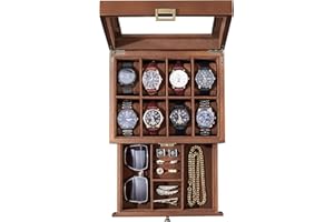 ProCase Caja para relojes con 8 compartimentos, caja de reloj con tapa de cristal, cojín para relojes, caja para joyas, anillos, pulseras, collares, 8 ranuras, madera