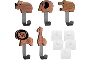 MHDUYEG Appendiabiti Bambini, 5 Pezzi Appendiabiti da Parete Bambini, Appendini Bambini in Legno a Forma di Animali, Gancio Per Bambini In Legno-Giraffa, Leone, Elefante, Ippopotamo e Rinoceronte