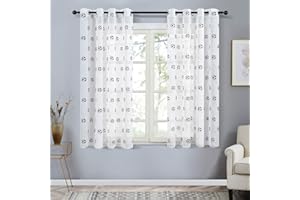 ‎TOPFINEL Topfinel Voile Gardinen mit Ösen in Leinen-Optik Fußball-Stickerei für Kinderzimmer Wohnzimmer Fenster Tülle Vorhänge Transparente Dekoschal 2er Set je 145x140cm (HxB) Schwarz