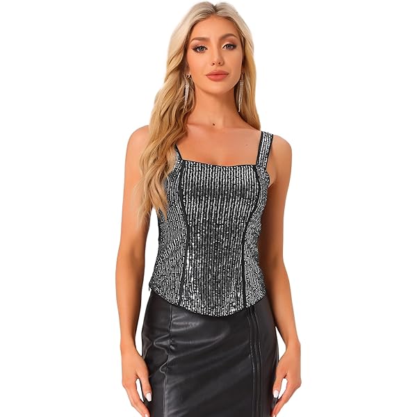 Top Con Paillettes Grace Karin - Senza Maniche, Scollo A Cascata - Nero, Albicocca, Vino, Argento, Teal - Foto 12