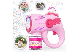 WEILIM Dinosaurios Unicornio Pistola Burbujas LED+200ml Liquido Pompas de Jabon, Pistola de Burbujas para Niños, Maquina Burbujas Juguetes Niños 3 4 5 6 años, Regalos Cumpleaños Boda Juegos Exterior (Rosa)
