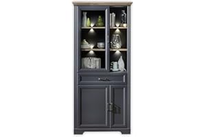 ‎STELLA TRADING Stella Trading Jasmin Large Display Cabinet in Artisan Oak Look, Graphite - Display Cabinet with LED Lighting and Lots of Storage Space in Country House Style - 93 x 204 x 42 cm (W x H x D)