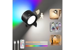 YOLIN Battery Operated Rechargeable Motion Sensor Wall Light Indoor, Remote and Touch Control Lamp, Wireless LED Magnetic Sconce, Dimmable 3 CT and 10 RGB Colors, Bedroom, Black