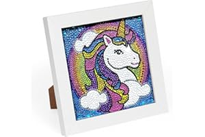 WISHSTAR Malowanie diamentami dla dzieci, jednorożec, obraz diamentowy z drewnianą ramą, zestaw 5D "zrób to sam" z całą mozaiką, obraz dla dziewcząt, rzemiosło, prezent, do domu, pokoju, dekoracja ścienna, 18