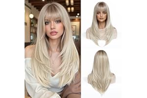 Esmee Long Straight Blonde Wigs for Women with Fringe Natural Synthetic Hair Ombre Wig for Daily & Party Use
