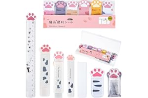 Andibro 9 Pcs Cute Cat Paw Stationery Set, Kawaii School Cat Stationary Supplies Cartoon Pencil Sharpener Retractable Eraser Correction Tape Sticky Notes Ruler Mini Scissors Eraser Core(White)